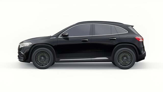 Berlin. Germany. June 12, 2022. Black Mercedes-Benz EQA 2022. 3d model of a family innovative electric SUV car on a white background. 3d rendering.