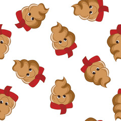 Seamless pattern with kawaii poop on white background. Cartoon poo, feces icons. Shit patterns, evil turd. Vector illustration for invitation, poster, card, fabric, textile. Doodle style