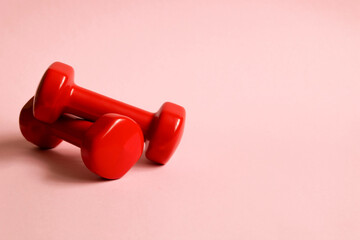 Two red dumbbells on a pink background. Sports equipment flat lay background
