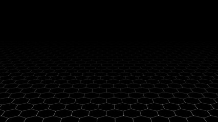 Perspective hexagonal white grid on a dark background. Futuristic vector illustration. Background in the style of the 80s.