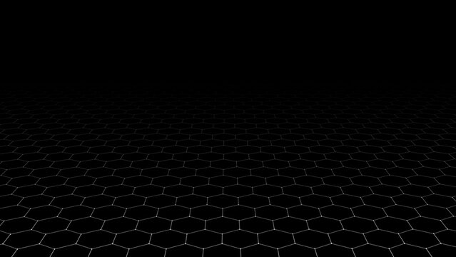 Perspective hexagonal white grid on a dark background. Futuristic vector illustration. Background in the style of the 80s.