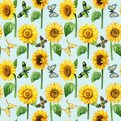 Sunflowers and butterflies. Watercolor flowers. Seamless patterns. Blue background