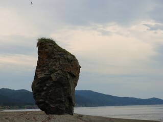 A huge stone-rock on the desert coast of Cape Bird on Sakhalin Island