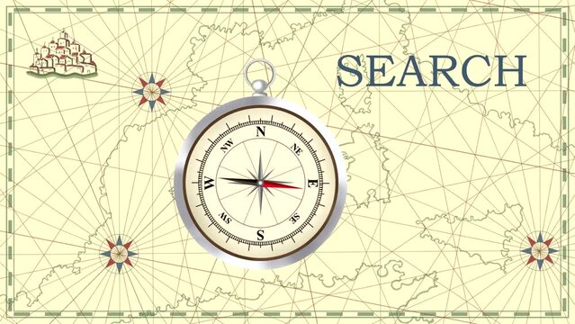 Animation with a map and a compass arrow rotating near the word "search" (seamless loop)