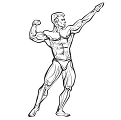 Bodybuilder muscle man fitness posing Black And White Isolated Hand Drawing Vector Illustration Image