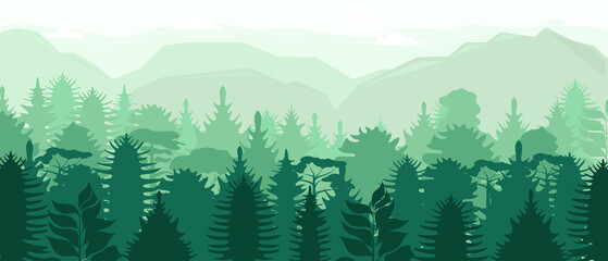 Vector poster with a view of the forest and mountains. Natural landscape. Flat design.