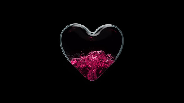 3d render a glass container in the form of a heart is filled with liquid with on a black background
