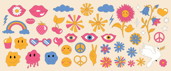 Set with retro 70s style elements. Daisies, sunflower with smiles and sparkles. Summer simple minimalist flowers. 1970 good vibes. Rainbow and eyes. Colourful background. Vector illustration.