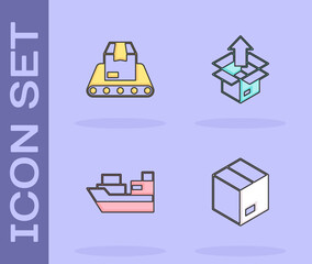 Set Carton cardboard box, Conveyor belt with, Cargo ship boxes delivery and Unboxing icon. Vector