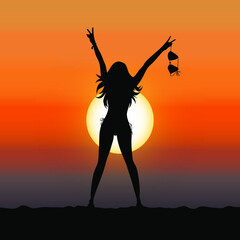 Silhouette of woman holding upper part of her bikini in the air during sunset. Happy girl is enyoing the moment and feeling free. Vector illustration.