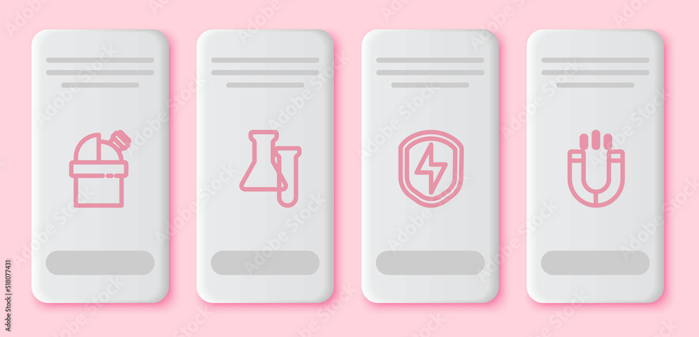 Poster set line astronomical observatory, test tube and flask, secure shield with lightning and magnet. whi