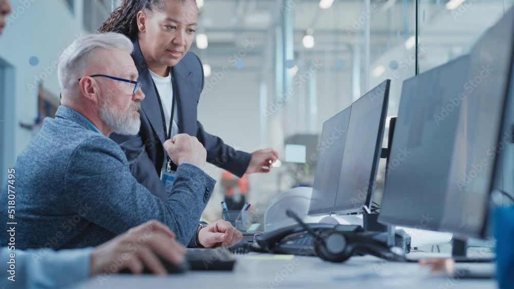 Aufkleber Factory Office Design Agency: Industrial Engineers Discussing 3D Layouts of a Heavy Industry Hydraulic Machine Parts on a Computer CAD Software. Modern Technological Research and Development Center.