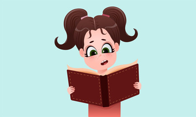 Сartoon child character. Little girl reading a book. Surprised emotion.Cartoon character. 