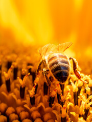 Sunflower head in close up view with hard working bee