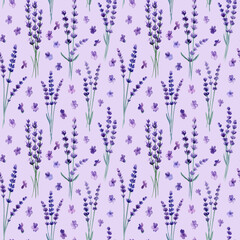 Violet Lavender flowers seamless pattern. Watercolor hand drawing botanical illustration. 