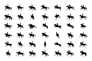 42 vector silhouettes on the theme of horse riding