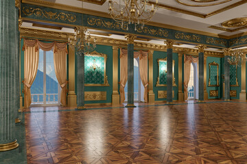 The ballroom and restaurant in classic style. 3D render. - obrazy, fototapety, plakaty