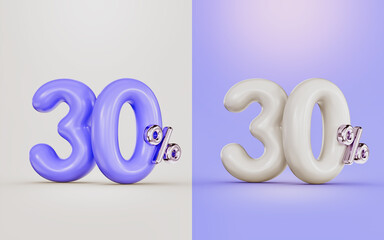 big deal 30 percent discount offer with two different colors white and purple 3d render concept