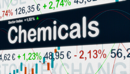 Chemical, sector index. Stock exchange monitor with market data, price information and percentage changes in prices. Chamical stocks, business and trading concept. 3D illustration