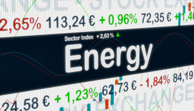 Energy, sector index. Stock exchange monitor with market data, price information and percentage changes in prices. Energy stocks, business and trading concept. 3D illustration