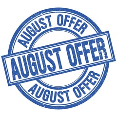 AUGUST OFFER written word on blue stamp sign