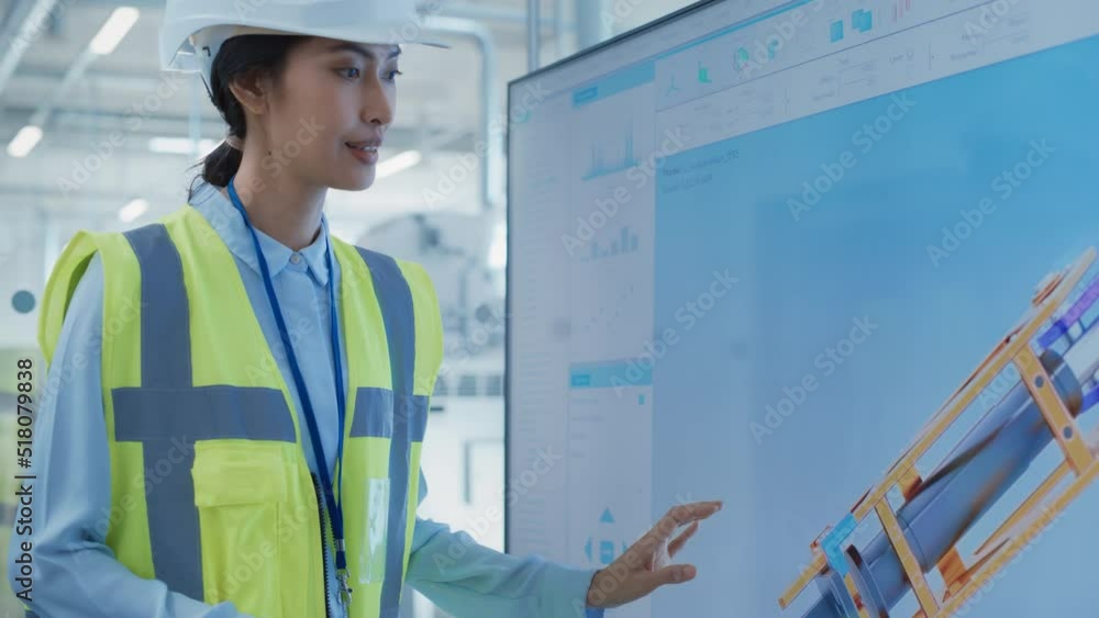 Poster factory office meeting: female chief engineer explaining new workflow for heavy industry hydraulic p