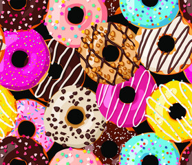 Donut Doughnut Seamless Vector Pattern On Black Background - 518079866