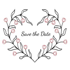 Save the Date. Floral heart shape frame design. Valentines day and wedding concept. Vector illustration