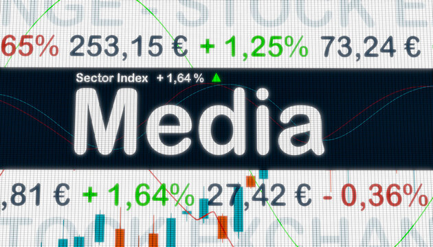 Media, sector index. Stock exchange monitor with market data, price information and percentage changes in prices. Media stocks, business and trading concept. 3D illustration