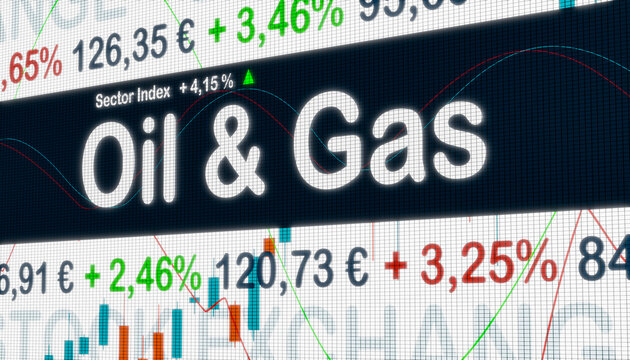 Oil and Gas, sector index. Stock exchange monitor with market data, price information and percentage changes in prices. Oil and Gas stocks, business and trading concept. 3D illustration