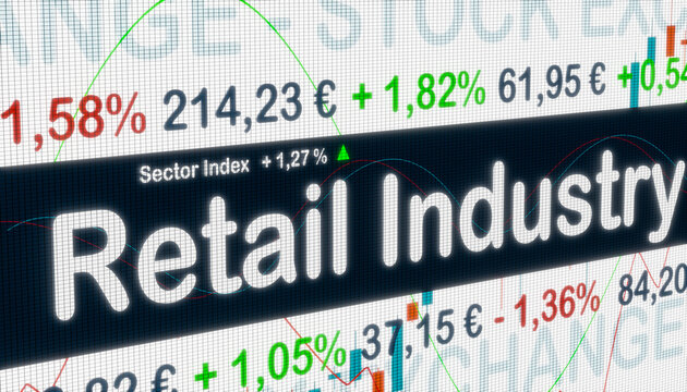 Retail Industry, sector index. Stock exchange monitor with market data, price information and percentage changes in prices. Retail Industry stocks, business and trading concept. 3D illustration