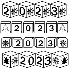 Calendar for Christmas, new year made of cubes with the number 2023, vector illustration black contour doodle