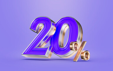 20 percent discount offer purple color number and background 3d render concept for big shopping
