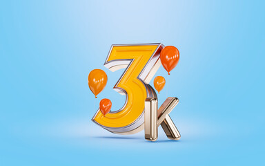 3k followers celebration social media banner with orange balloon blue background 3d render concept