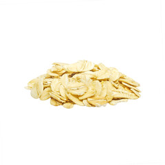 A pile of rolled oatmeal flakes isolated on white background