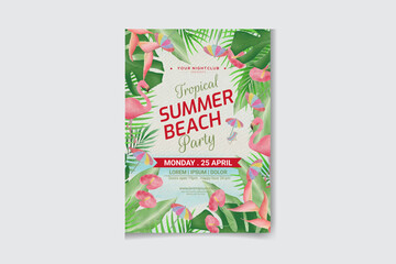 
Summer Vibes Beach Party poster template. beach background with exotic palm leaves and plant, flamingo bird. 