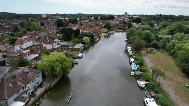 Riverside house on Waveney Beccles town in Suffolk UK drone aerial view