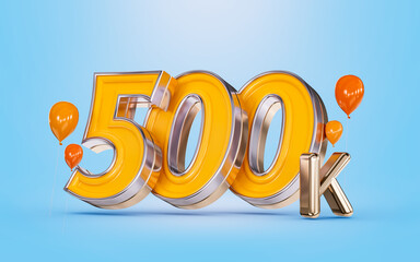 500k followers celebration social media banner with orange balloon blue background 3d render concept