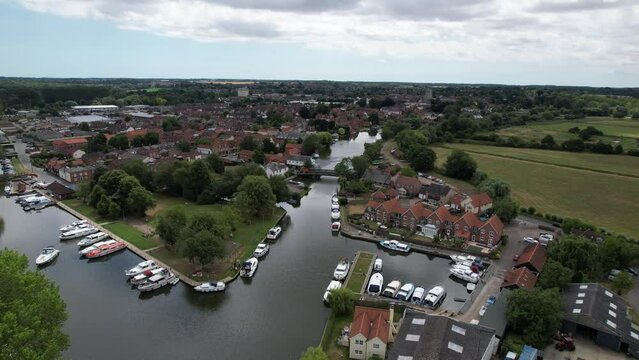 The Quay Beccles town in Suffolk UK drone aerial view