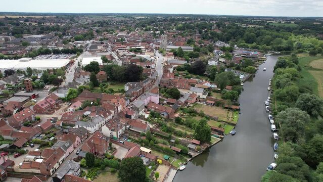 Beccles town in Suffolk UK rising drone aerial view