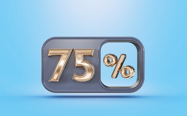75 percent discount offer with golden metallic look blue background 3d render concept for market