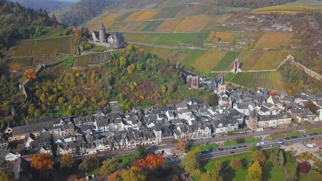 Flight over Stahleck Castle and Bacharach town