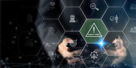 Safety first and work safety concept. Safety at workplace, safety first, protections, health, regulations and group insurance.  Working standard process. Zero accidents. Operational excellence concept