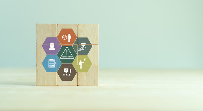 Work safety concept. Safety at workplace, safety first, hazards, protections, health, regulations  and group insurance.  Working standard process. Zero accidents. Operational excellence. HSE concept.