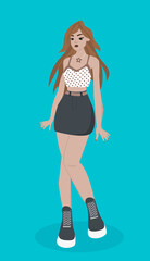 Fashionable student at university or college, trendy schoolgirl at school flat vector illustration doodle cartoon. Modern stylish female teenage character standing. Education, back to school, studying