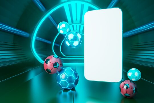smartphone with a white screen. sports object on dark background. 3d copy space. live program online. 3d illustration. sport competition application online. online live app broadcast. soccer game