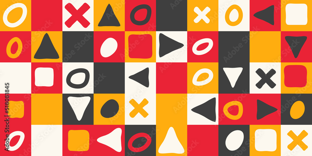 Poster red and yellow tiles vector. shapes painted over tiles. vector pattern of colored geometric squares.