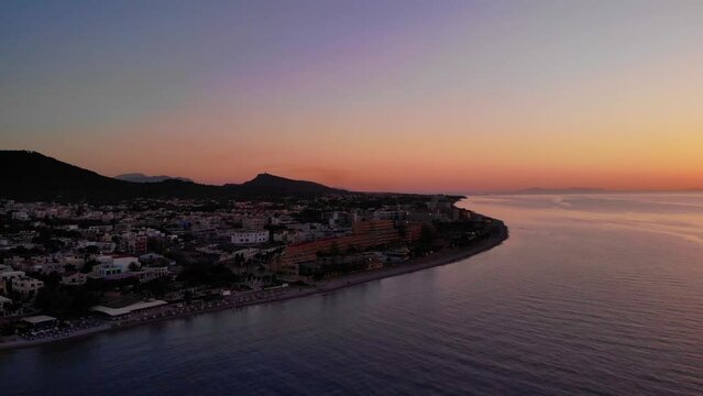 Greek Town Of Ialysos In The Island Of Rhodes During Dusk In Greece. Panning Right Shot