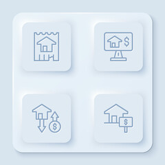 Set line House, Online real estate, with dollar and . White square button. Vector