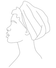The face is one line. Portrait of a beautiful African woman. Women's African traditional scarf-headdress. Vector icon, logo, template, brochures.